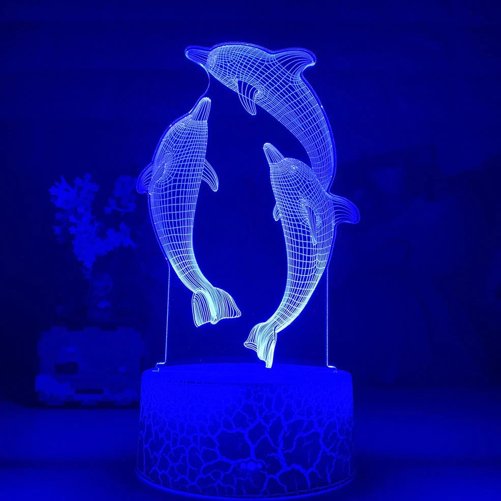 Black base dolphin 3D LED night light projecting image, 87x87x42mm size with USB cable and optional remote