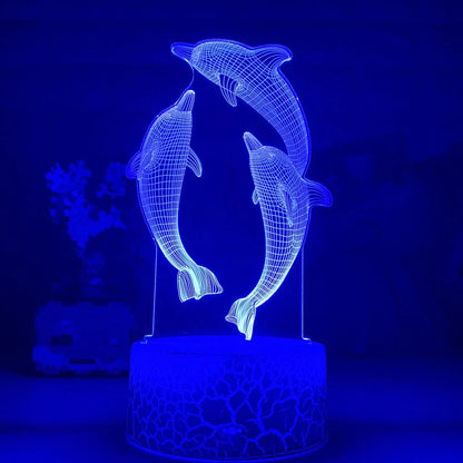 Black base dolphin 3D LED night light projecting image, 87x87x42mm size with USB cable and optional remote