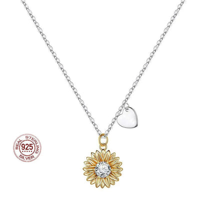 925 silver sunflower necklace with adjustable chain showing geometric daisy pendant design and cross chain detail
