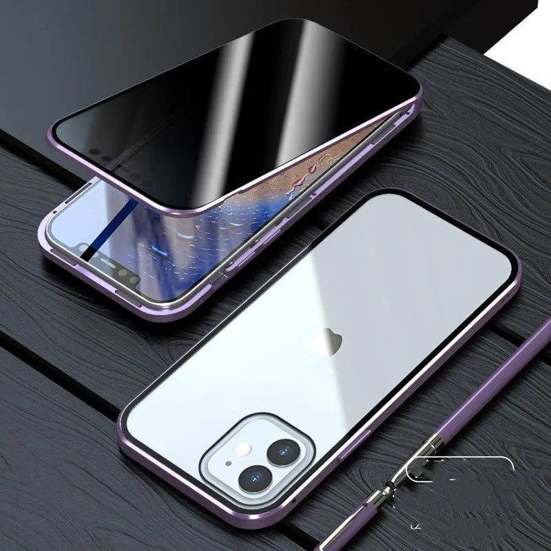 Anti-peep double-sided magneto flip case for iPhone with metal frame and tempered glass.