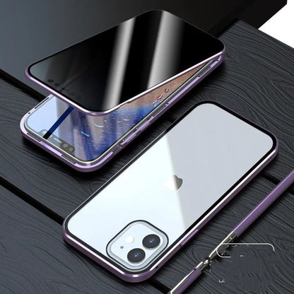 Anti-peep double-sided magneto flip case for iPhone with metal frame and tempered glass.