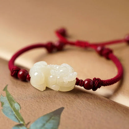Traditional Chinese Hetian jade bracelet with black and red adjustable ropes and jade beads