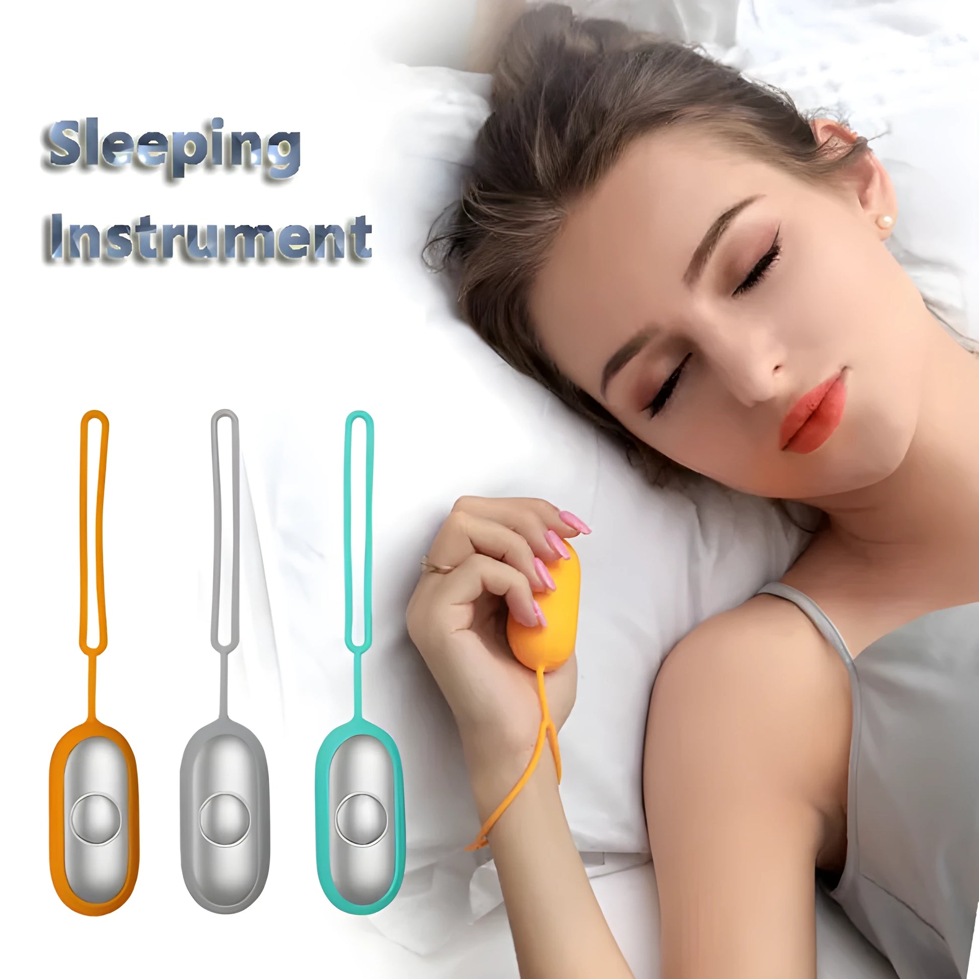 Hand-held micro-current sleep aid device in grey, green, and orange colour options