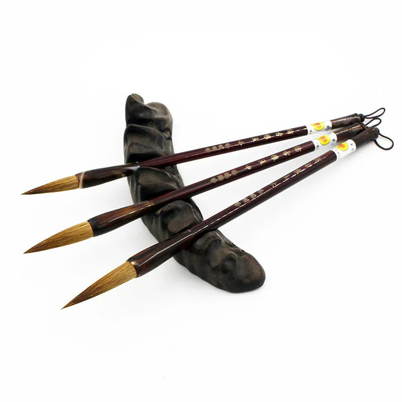 Wolf Hao traditional Chinese calligraphy brush set with steel rod handles and wolf hair nibs in multiple sizes.