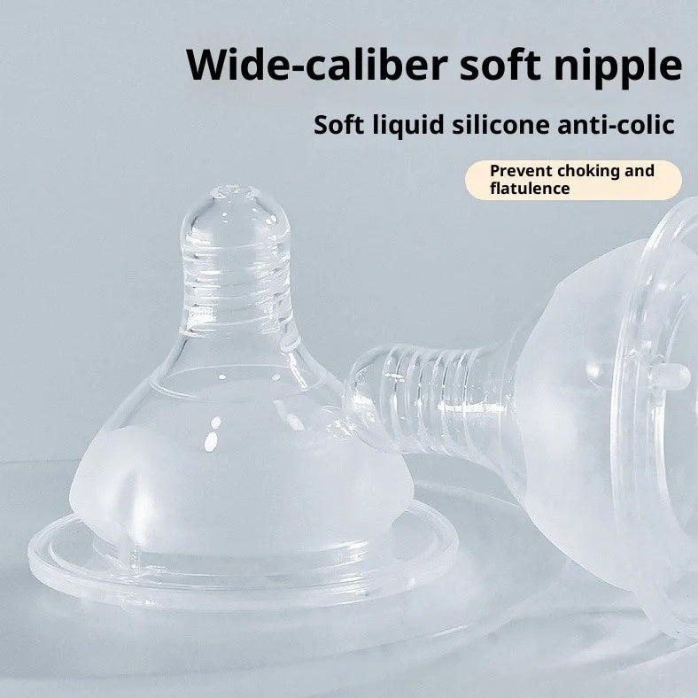 Transparent newborn feeding bottle with wide mouth and cross-hole silicone nipple for infants 0-3 months