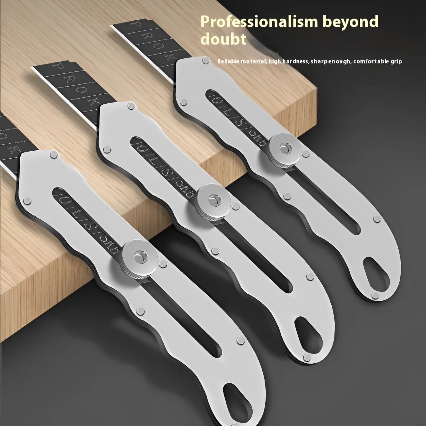 Stainless steel folding utility art knife with black blade and a pack of replacement blades.