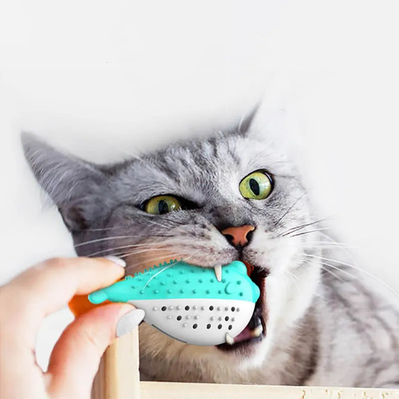 Small blue silicone fish-shaped chew toy for cats on a plain background.
