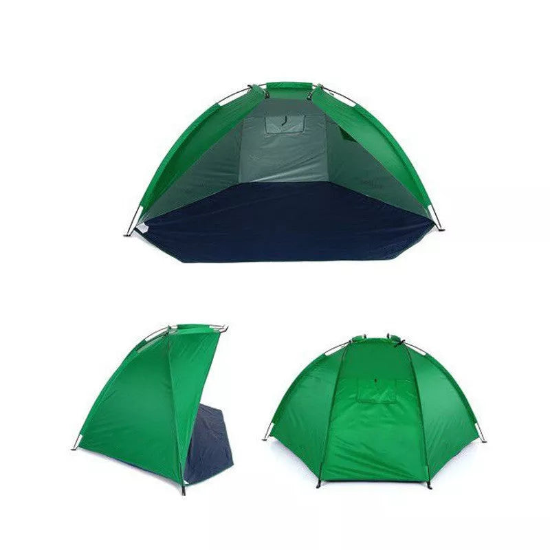 Easy Camping Tent with Outdoor Sun Shade in green, blue, and camouflage colors