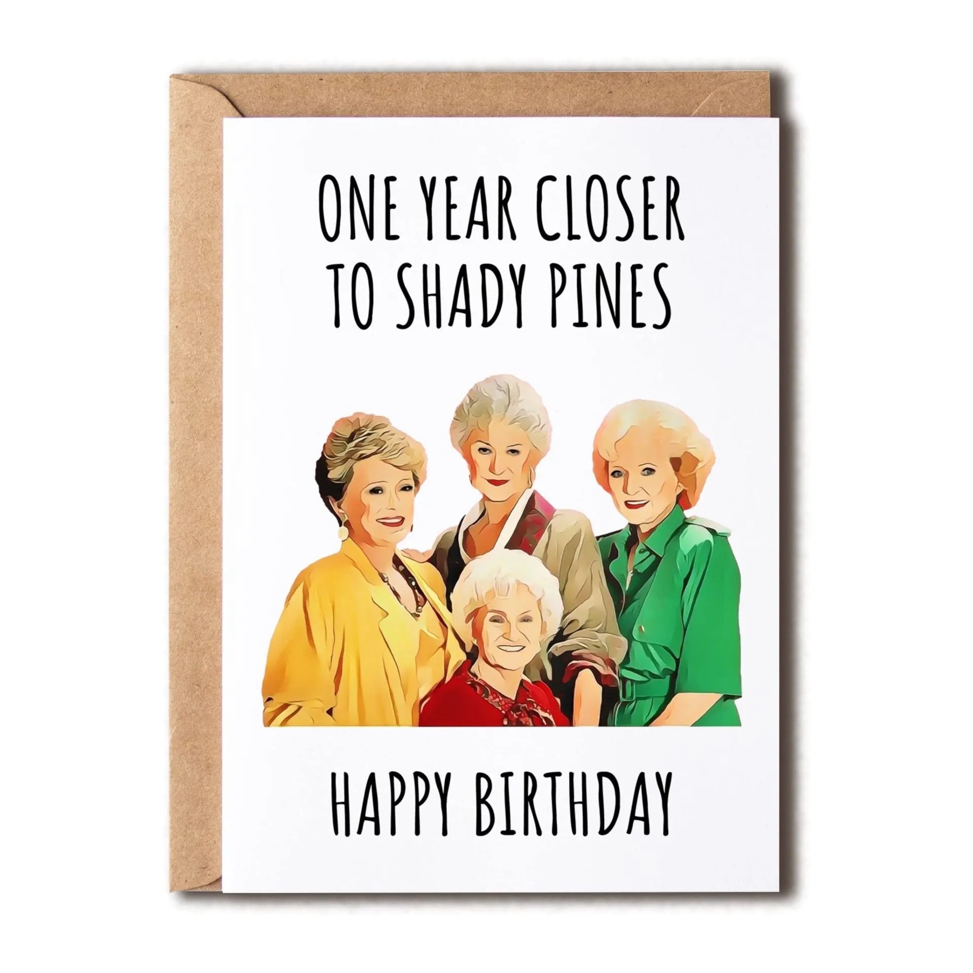 Simple modern birthday greeting card with choice of coloured envelopes: yellow, purple, pink, red, and kraft paper.