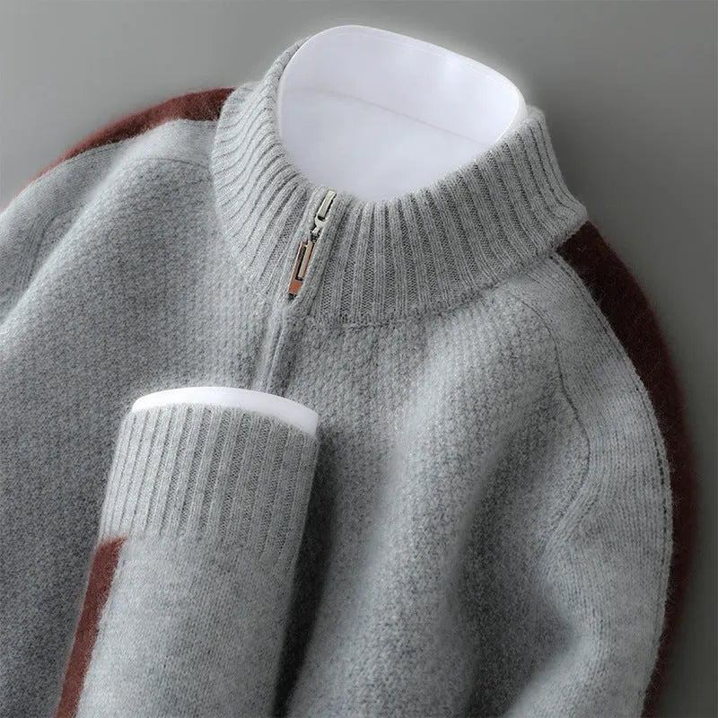Sheep wool sweater with half-height zip, round neck, and slim fit in raw velvet camel colour