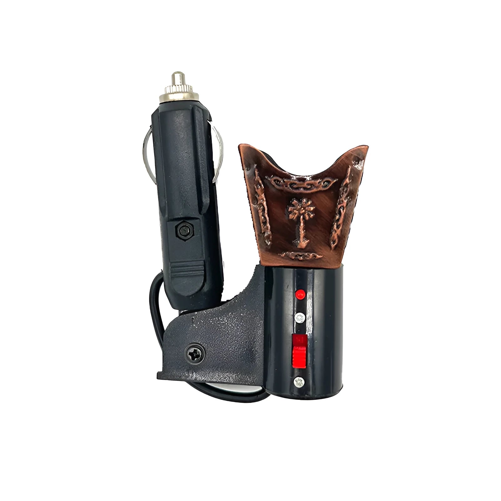 Electroplated iron car incense burner with plug-in adapter in antique blue, gold, red copper, or silver finish