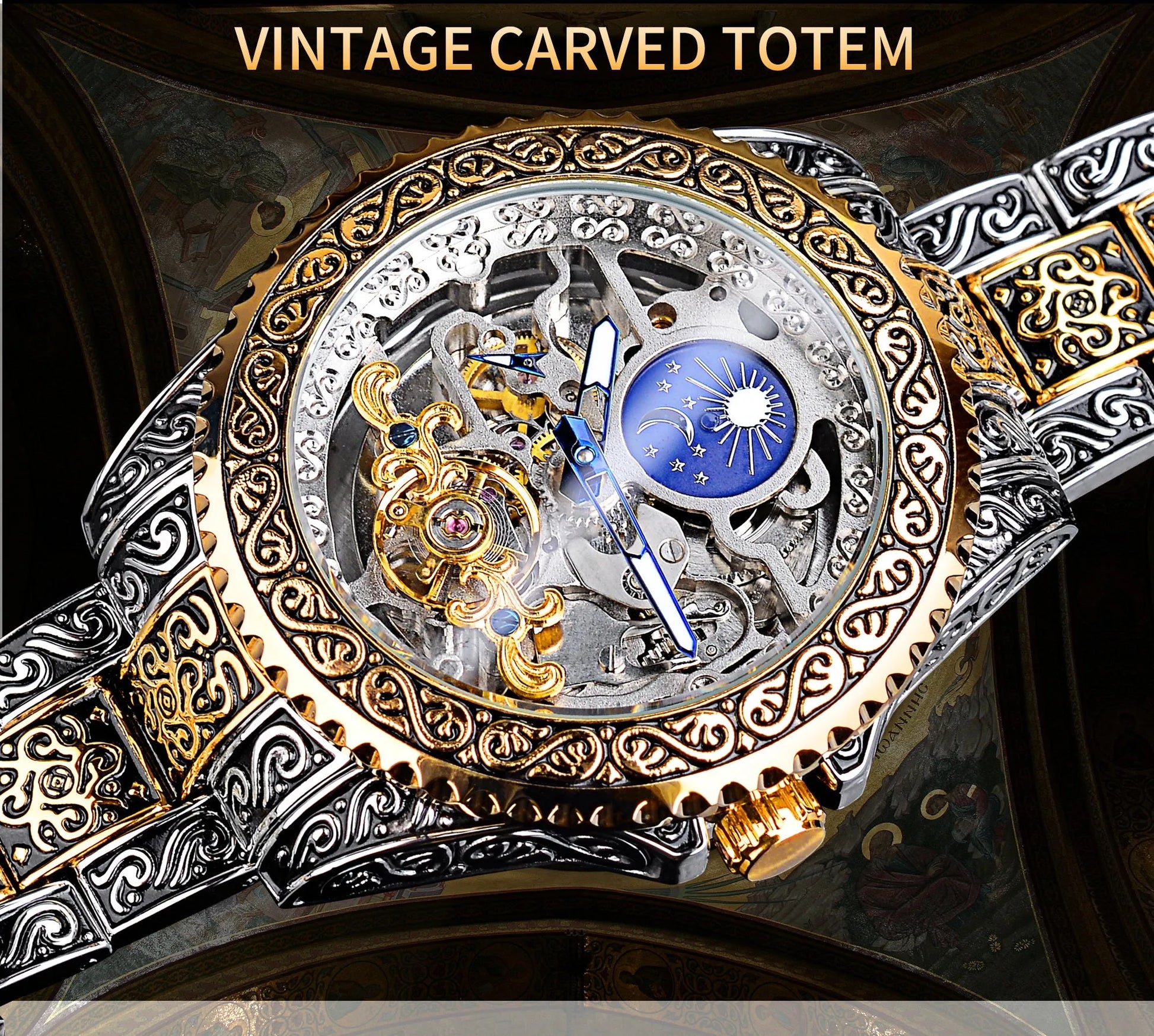 Forsining yellow stainless steel skeleton tourbillon automatic watch with 44mm case.