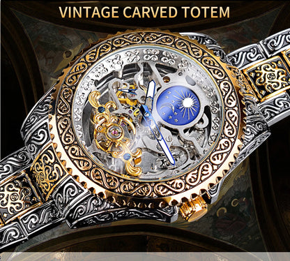Forsining yellow stainless steel skeleton tourbillon automatic watch with 44mm case.