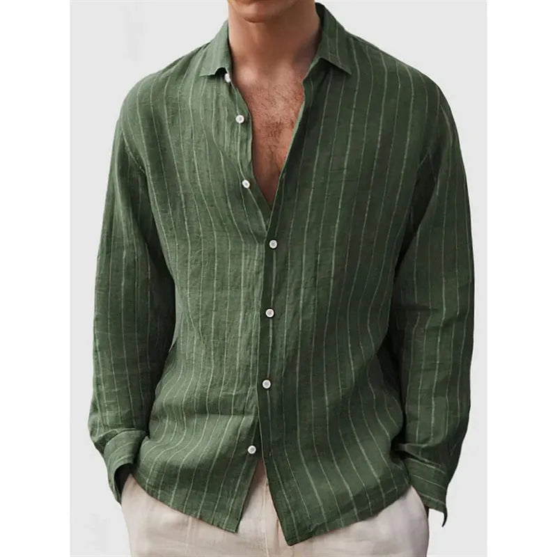 Man wearing a loose striped cardigan-style shirt with short sleeves.