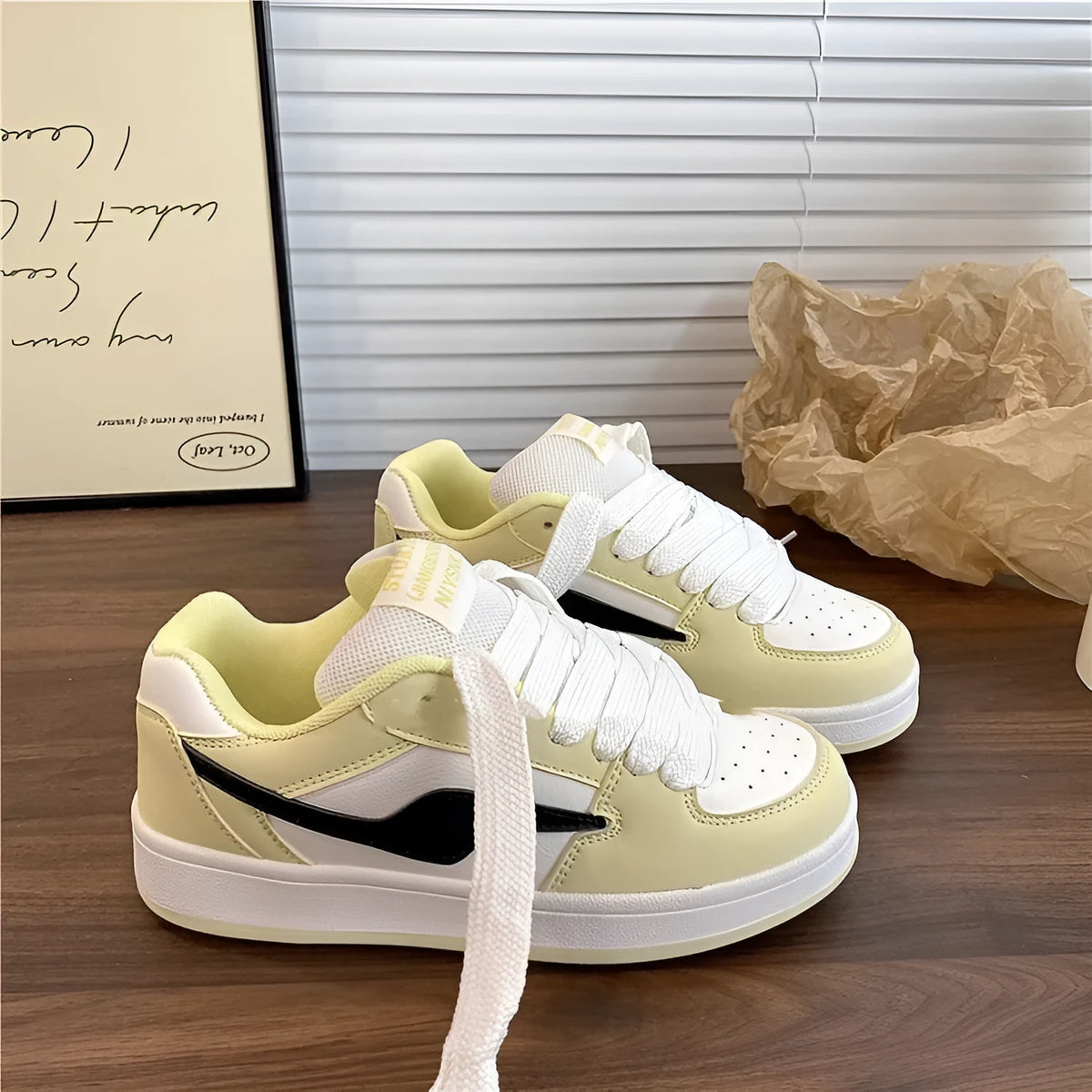 Women's low top board shoes in solid pink, white yellow, white black, or white red with mid heel and rubber sole