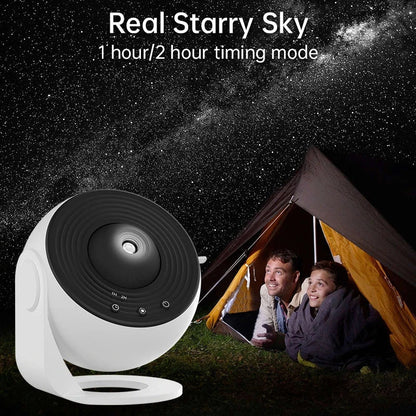 Starry sky projection from a compact, adjustable galaxy projector lamp for creating a soothing, ambient lighting experience in any room.