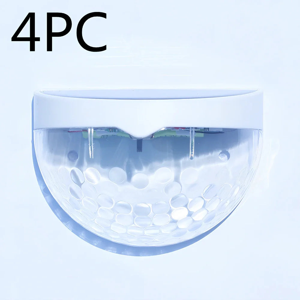 Pair of white waterproof solar semicircular fence lamps with water drop effect, IP65 rated for garden use, 90x62x50mm