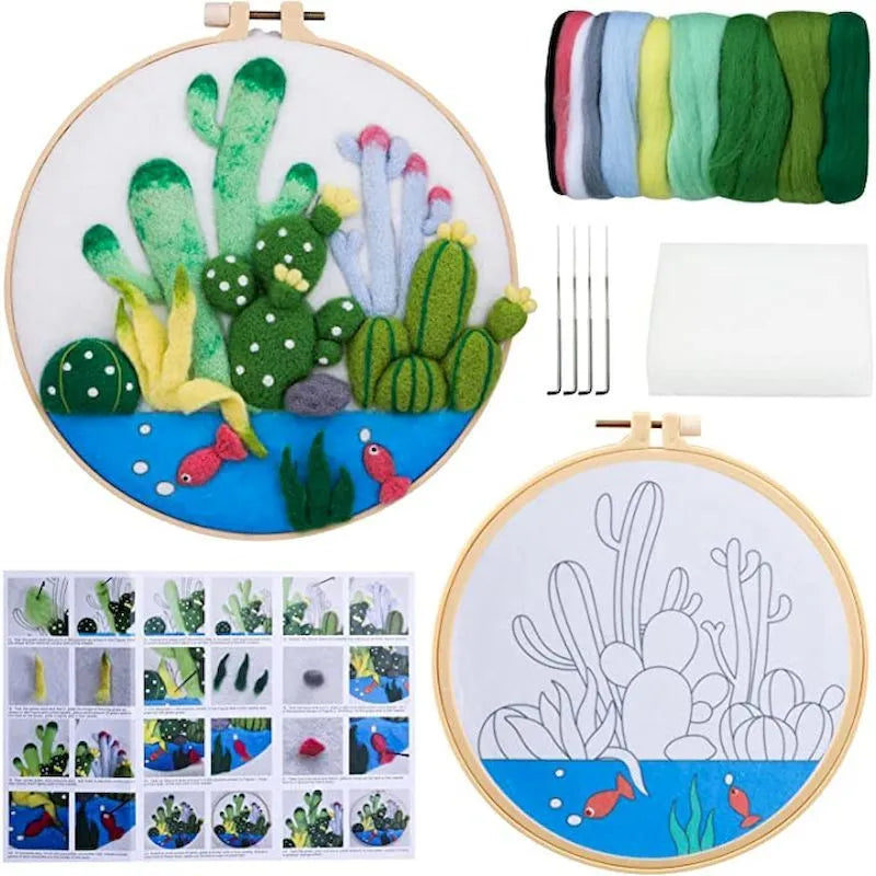 Round fabric embroidery kit with 20x20cm linen frame and wool felt for three-dimensional floral artwork