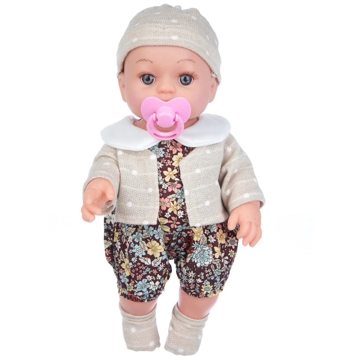 30cm full vinyl baby doll with changeable suit, available in TM-010 and TM-011 colours, for infants 0-3 years