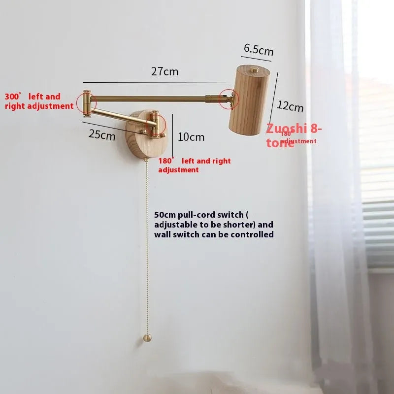 Vintage style wall lamp with rotating long arm and wood finish