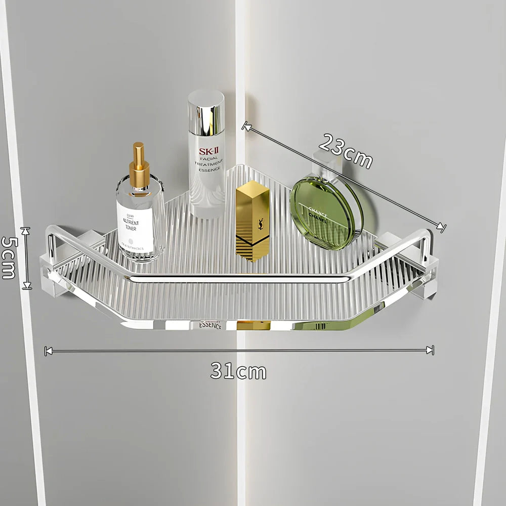 Acrylic bathroom shelving unit with space aluminium frame in gold finish showing three-tier configuration