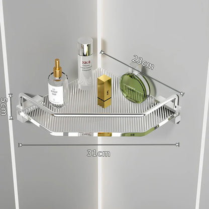 Acrylic bathroom shelving unit with space aluminium frame in gold finish showing three-tier configuration