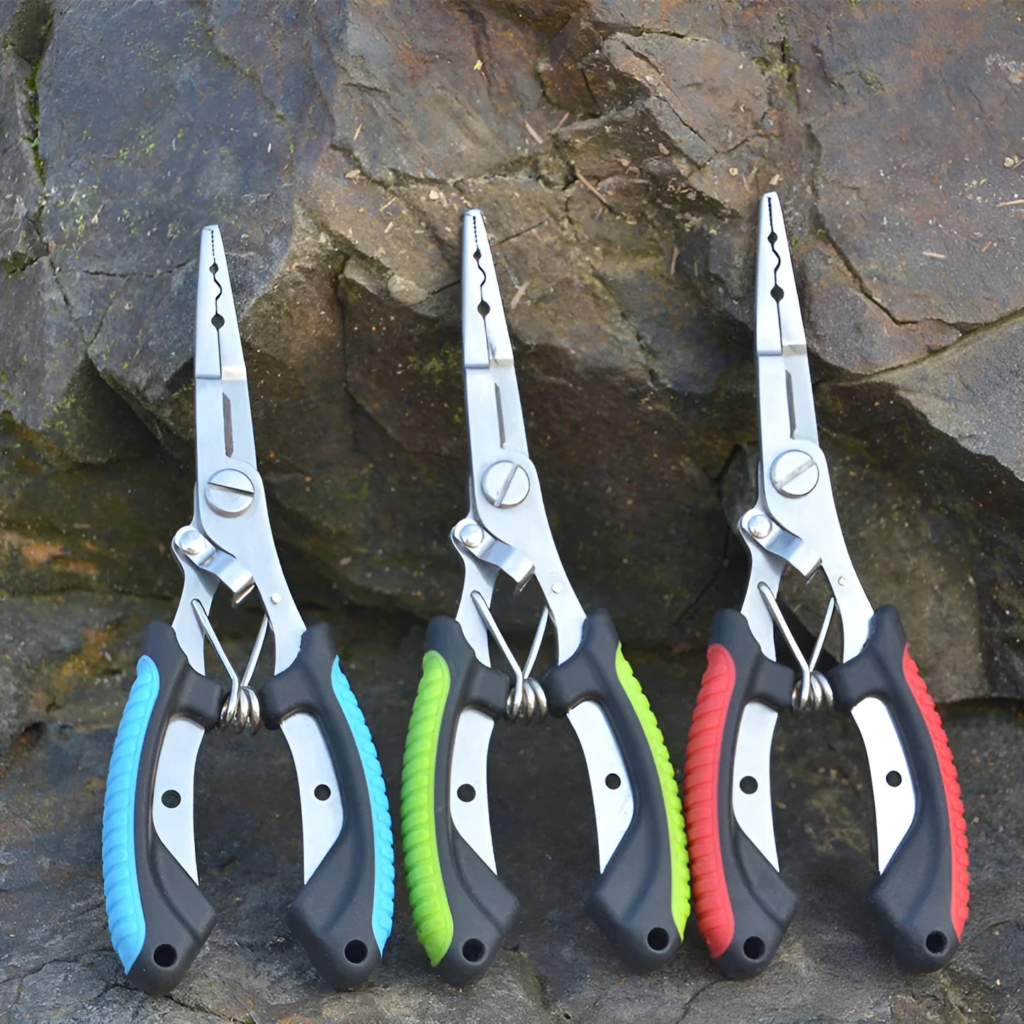 PE39 multifunctional fishing pliers with medium straight mouth and hook, showing colour handle options