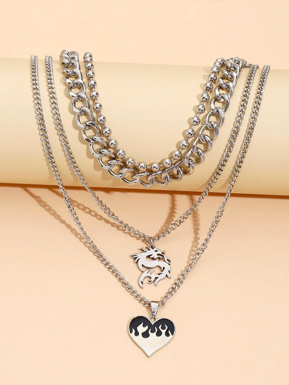 Silver dragon pendant necklace with adjustable chain, geometric design
