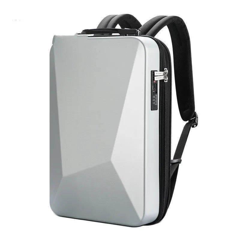Men's hard shell gaming backpack in black or silver with anti-theft lock, 20-35L capacity, and PC material