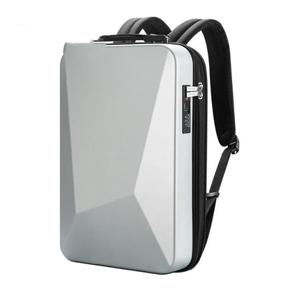 Men's hard shell gaming backpack in black or silver with anti-theft lock, 20-35L capacity, and PC material