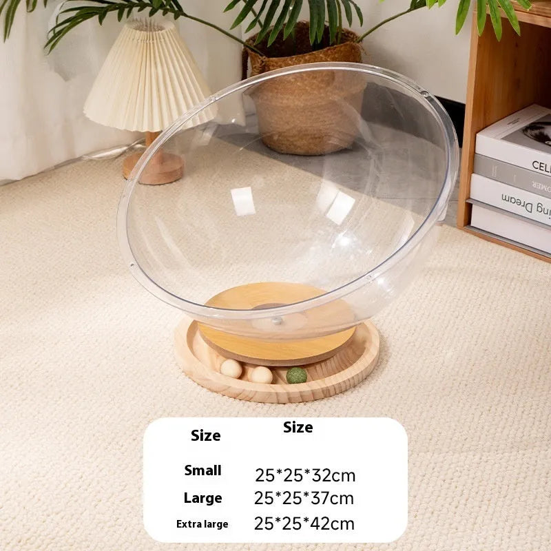 Transparent acrylic cat bath capsule enclosure with turntable base serving as pet bed