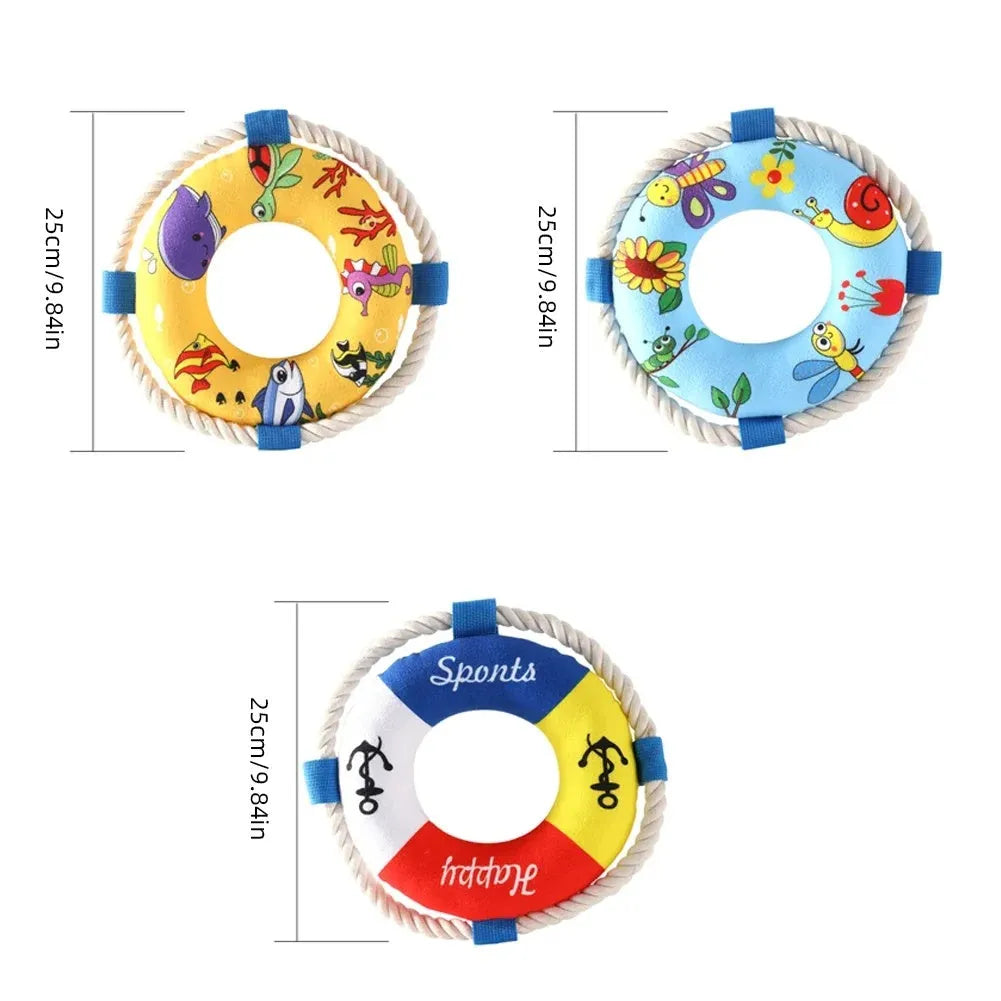 25cm diameter dog pull ring chew toy with squeaker in blue, red or yellow designs