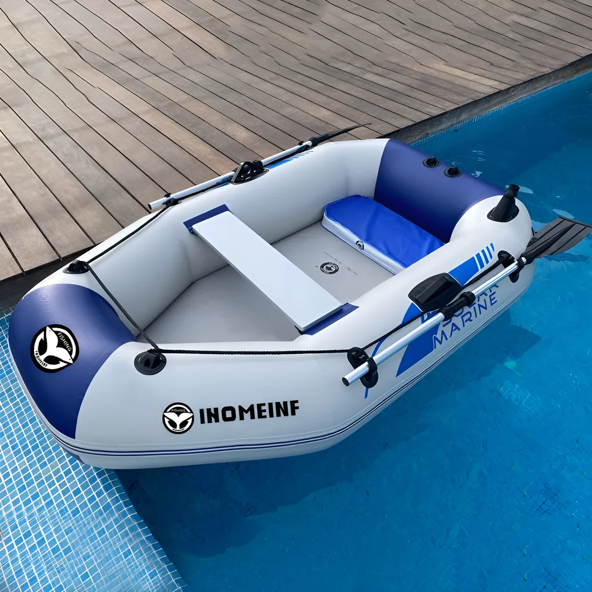 Inflatable kayak with 0.9mm environmental protection PVC hull, hard bottom, and foot pump, 4-person capacity.
