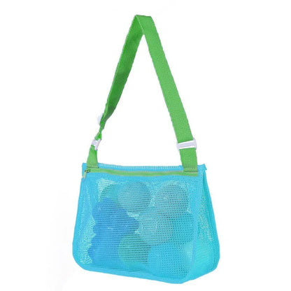 Blue children's travel storage organiser bag with nylon mesh construction and shoulder strap