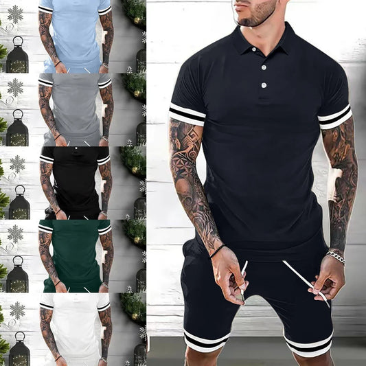 Men's two-piece casual outfit featuring a polo shirt and athletic shorts in various colors and sizes