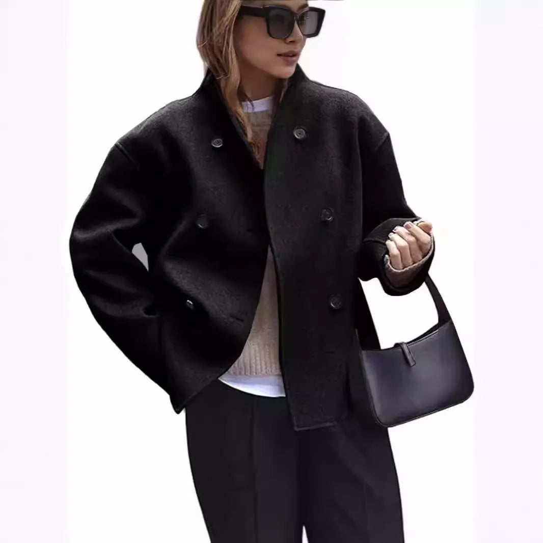 Double-faced woolen coat with three-row buttons in plaid and tweedst pattern for autumn and winter