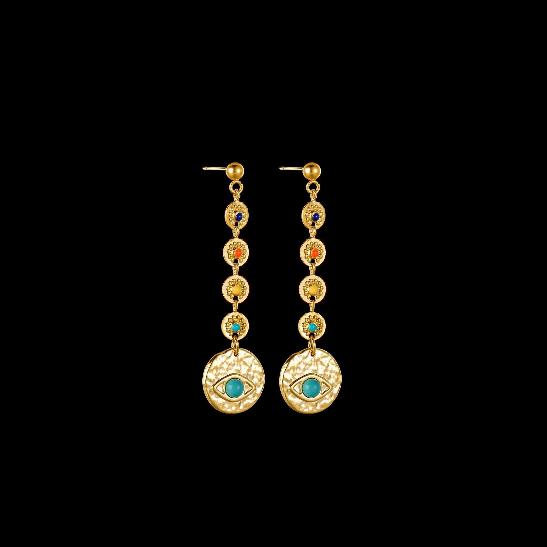 Stainless steel geometric earrings in three design options: Eight Awn Star, Eye, and Shell Sun styles