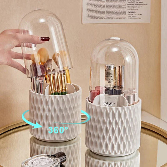 Rotating makeup brush holder with transparent cover, designed for organization and protection of cosmetic tools
