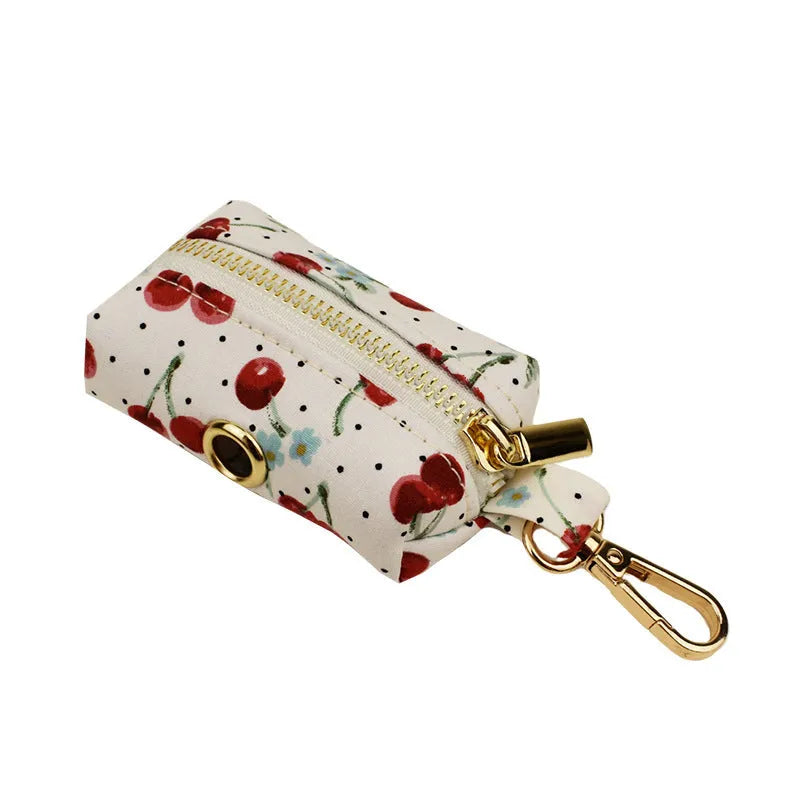 Red cherry print dog collar set with light gold buckle and matching accessories