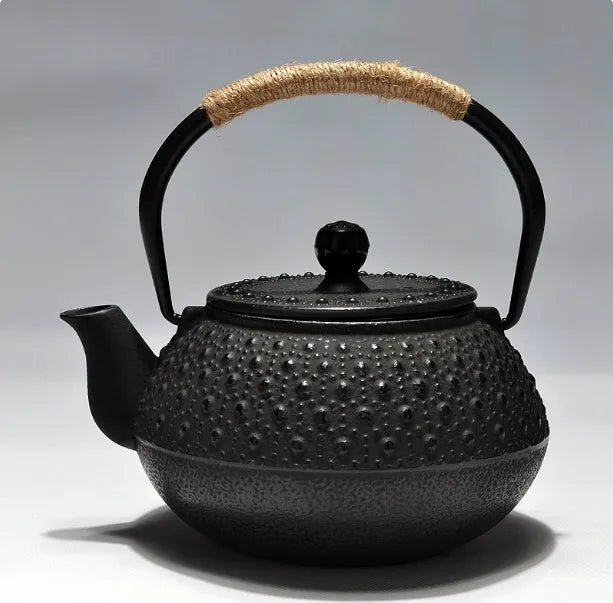 Japanese-style cast iron teapot with lid on a hob, shown in a bronze finish.