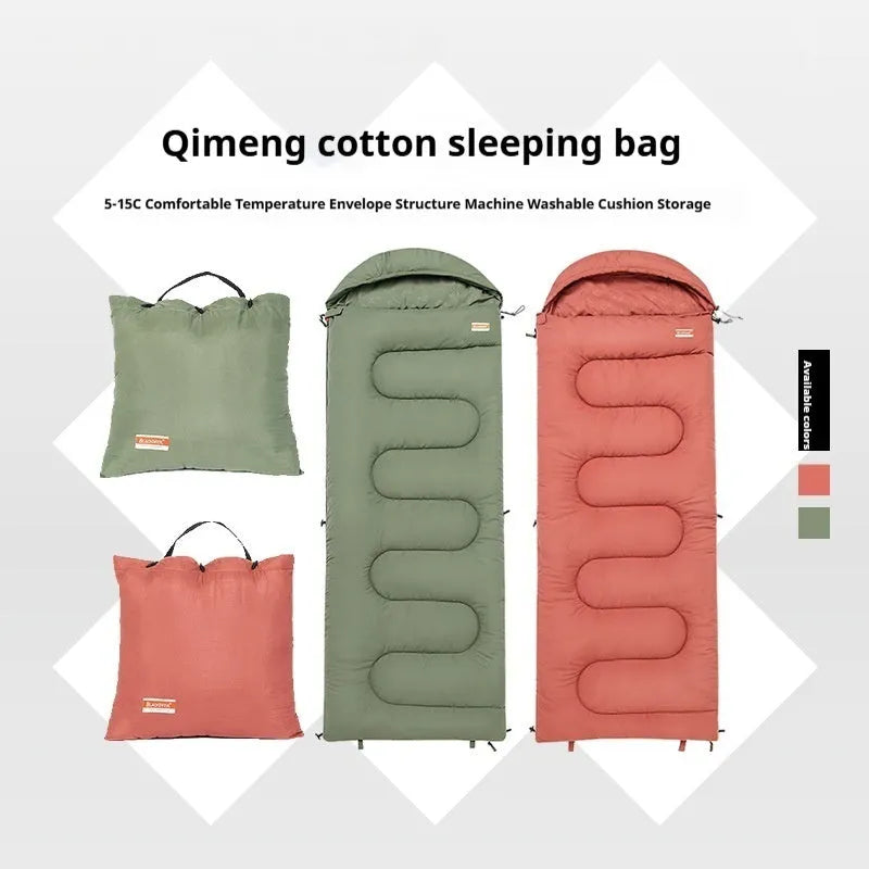 Ochre cotton sleeping bag unfurled showing quilted construction with 210T polyester ripstop shell