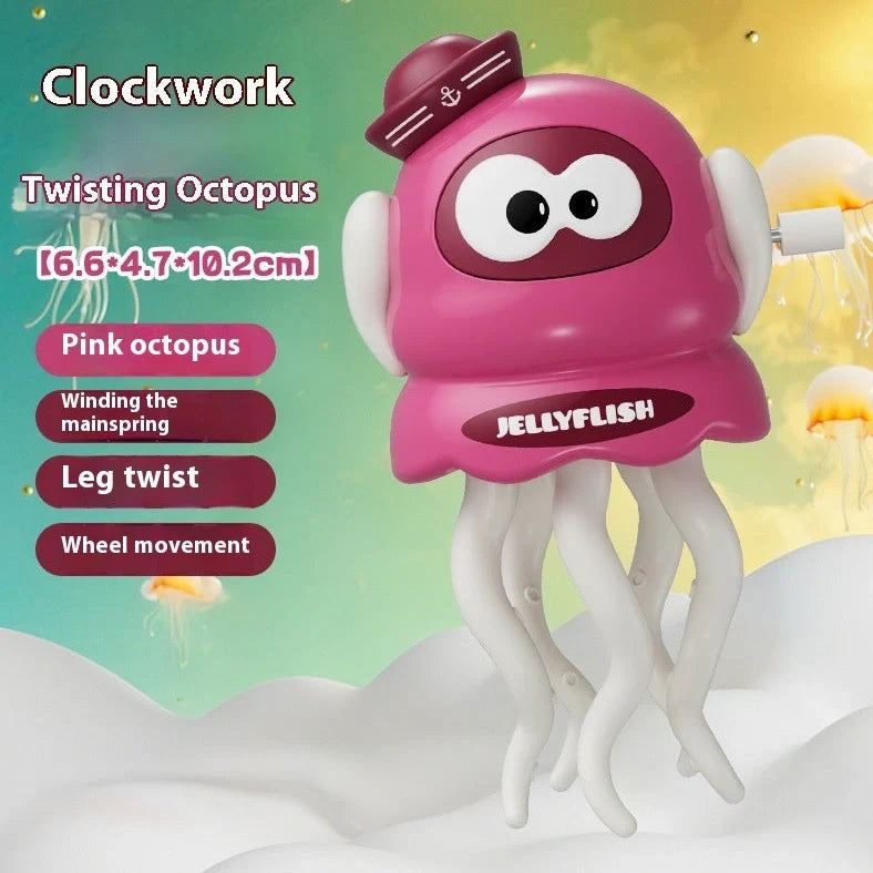 Green wind-up octopus toy dancing on surface with clockwork mechanism visible