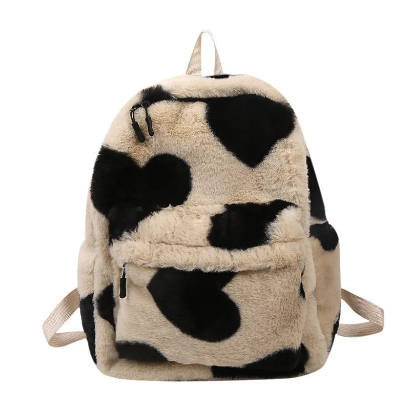 Furry plush backpack with heart pattern and three-dimensional outer pocket in khaki, green, black, pink or briquette