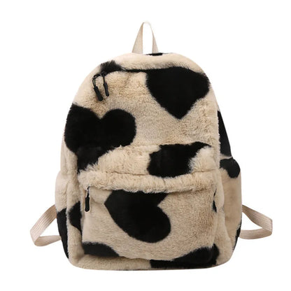 Furry plush backpack with heart pattern and three-dimensional outer pocket in khaki, green, black, pink or briquette