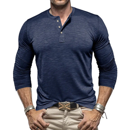 Premium long-sleeve henley shirt for men in a variety of colors and sizes