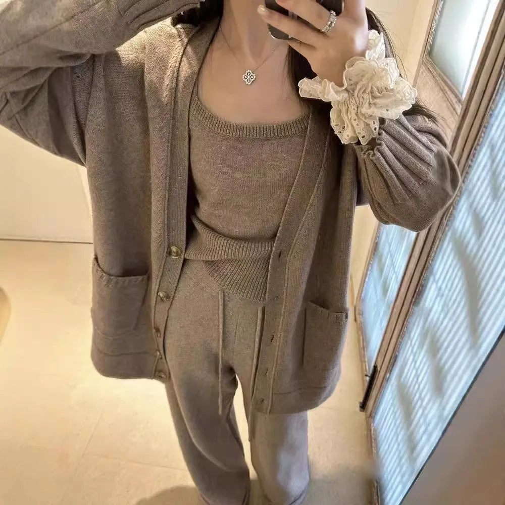 Women's knit cardigan suspender pants three-piece set in light brown wool blend fabric with seamless design