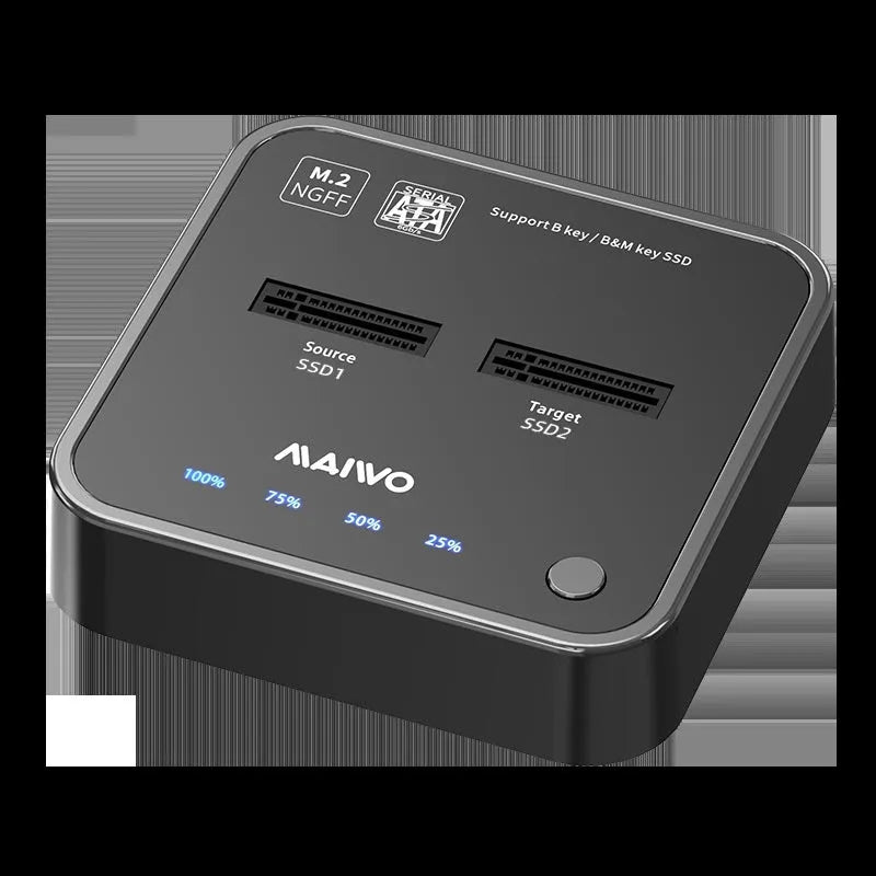 MAIWO K3016 M.2 solid-state drive docking station with power adapter and two USB cables on a desk.