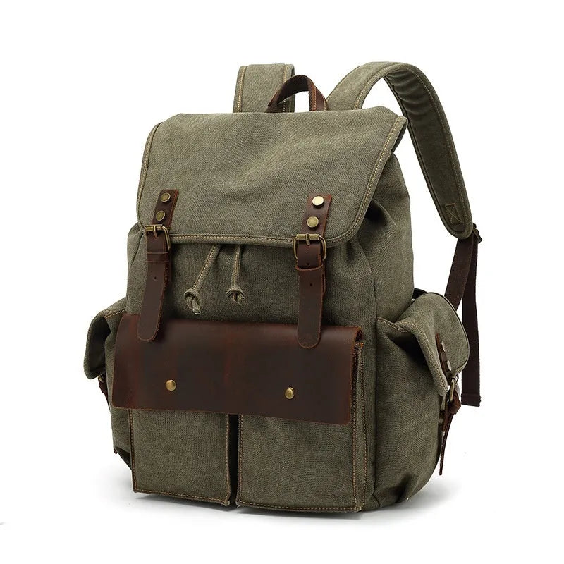 Retro canvas backpack in army green with antique bronze hardware, showing front compartments and size.