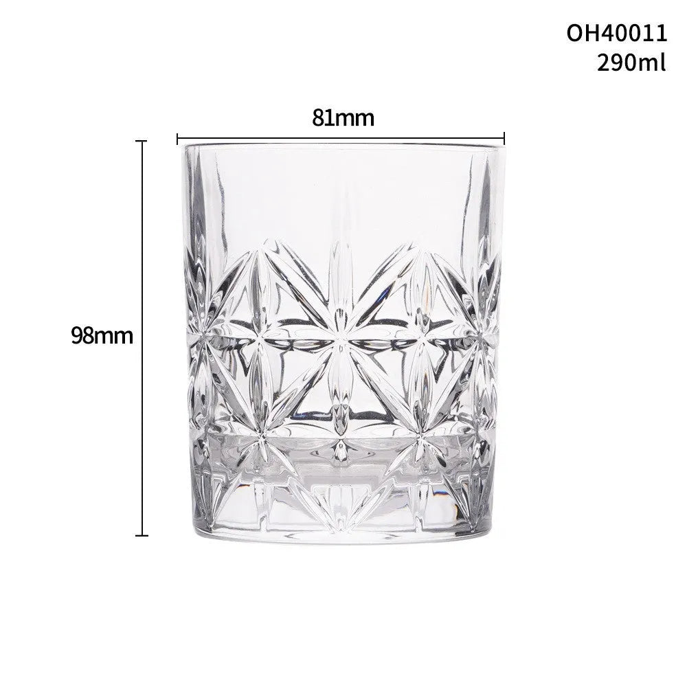 Whiskey shot glass with thick bottom, crystal clear, 350ml capacity, on wooden table
