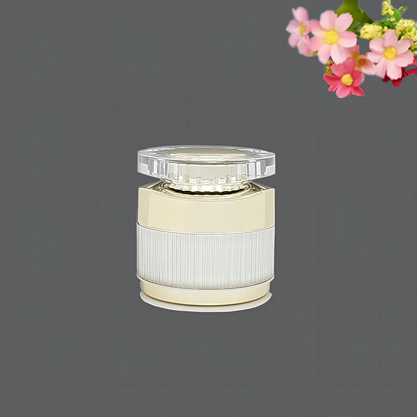 Acrylic cosmetics bottles in champagne gold and brushed white with vacuum sealing, various sizes from 5g to 120ml